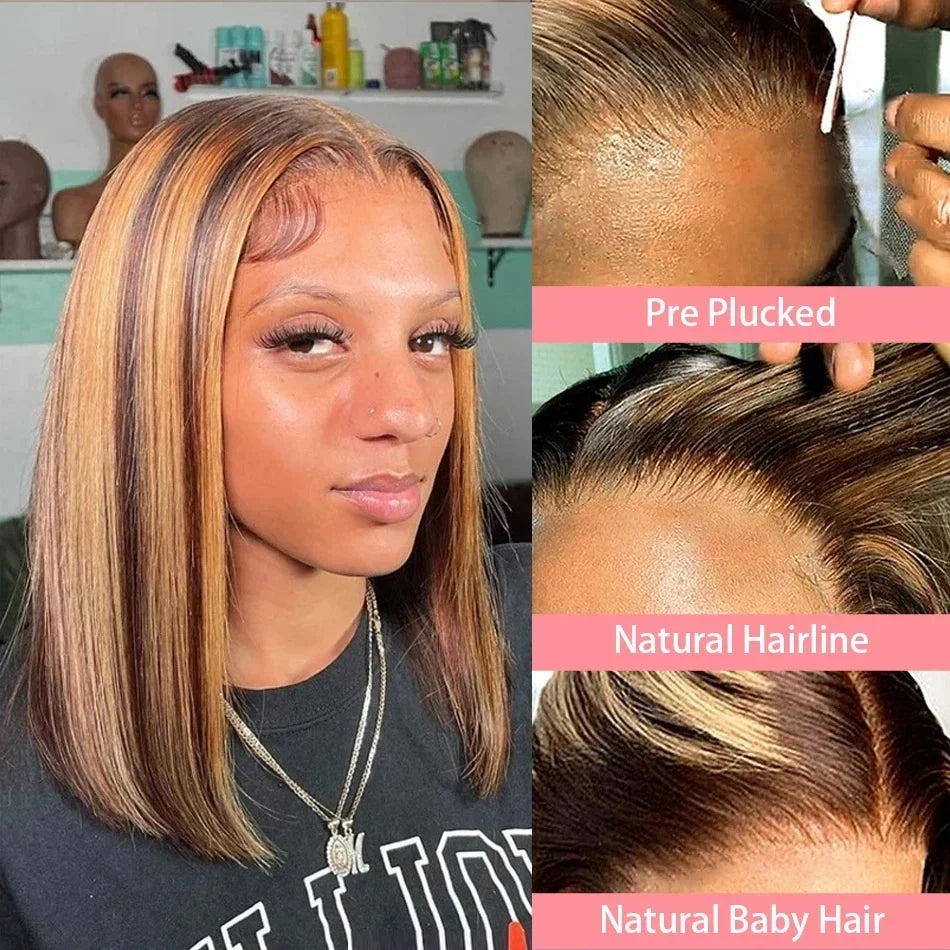 Highlight Bob Wig Human Hair Straight 13x4 HD Transparent Lace Front Wigs 4/27 Colored Short Bob Wigs 100% Human Hair For Women