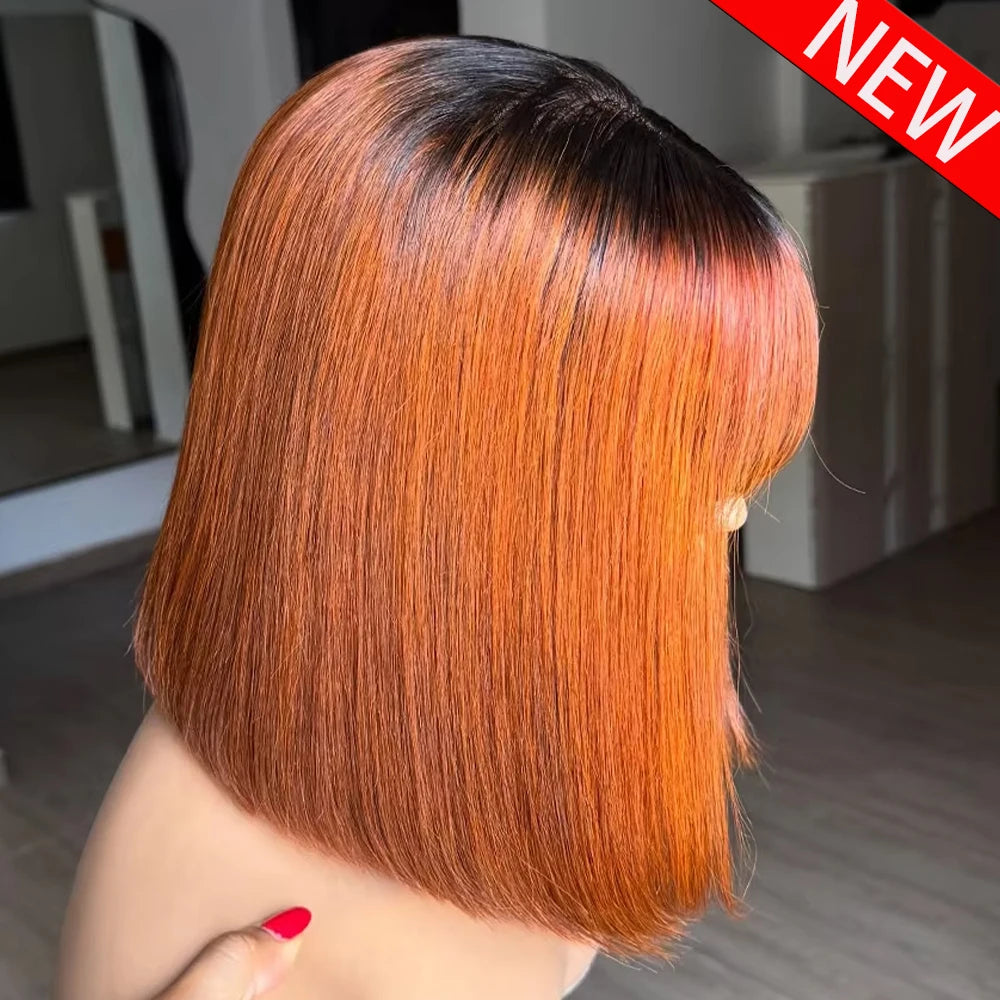 100% Human Hair 350 Density 13x4 HD Transparent Lace Wig #350 Color Bone Straight Short Bob With Bangs Wig For Women Pre Plucked