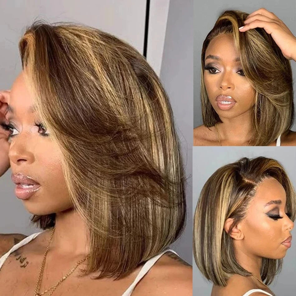 Highlight Bob Wig Human Hair Straight 13x4 HD Transparent Lace Front Wigs 4/27 Colored Short Bob Wigs 100% Human Hair For Women