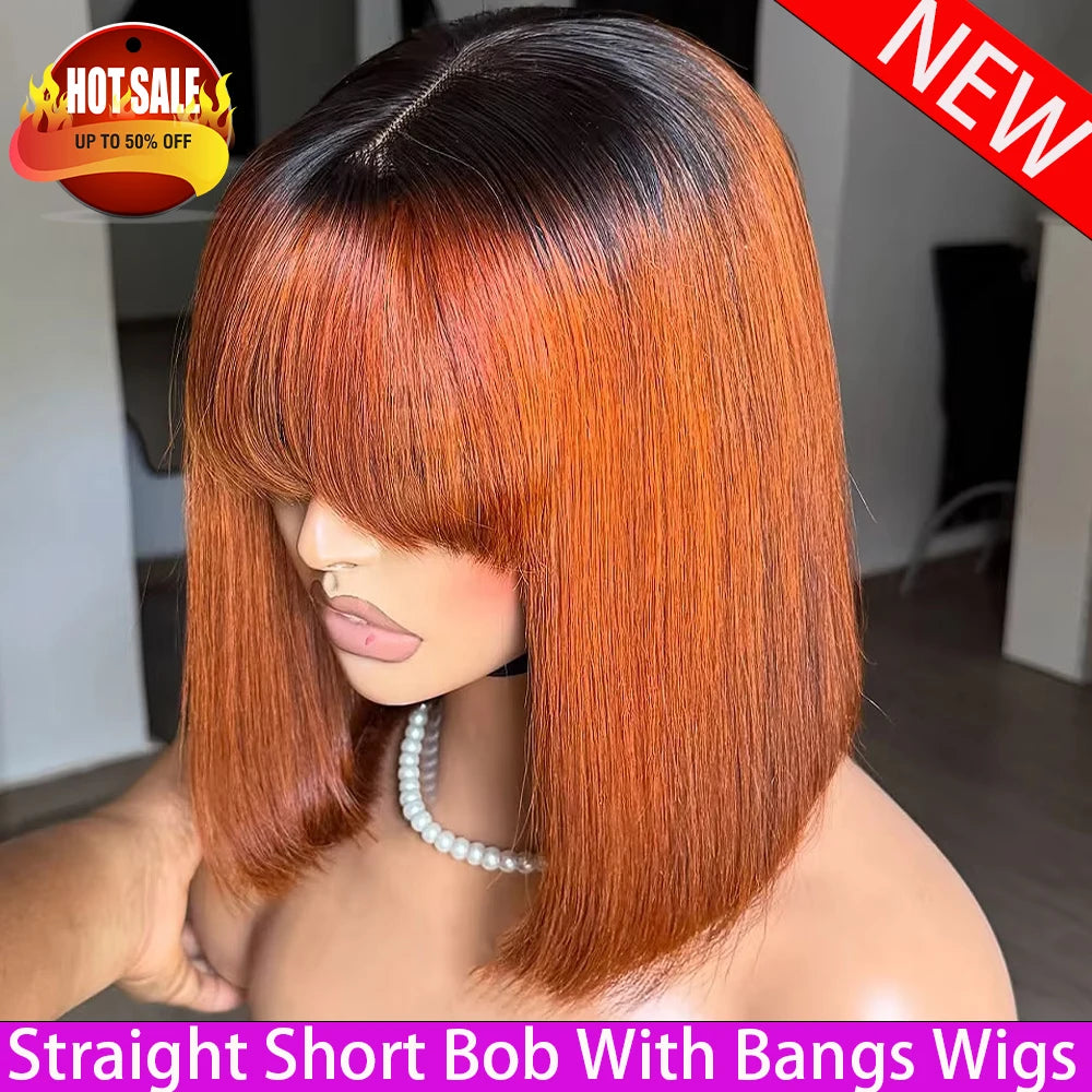 100% Human Hair 350 Density 13x4 HD Transparent Lace Wig #350 Color Bone Straight Short Bob With Bangs Wig For Women Pre Plucked