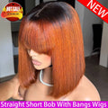 100% Human Hair 350 Density 13x4 HD Transparent Lace Wig #350 Color Bone Straight Short Bob With Bangs Wig For Women Pre Plucked