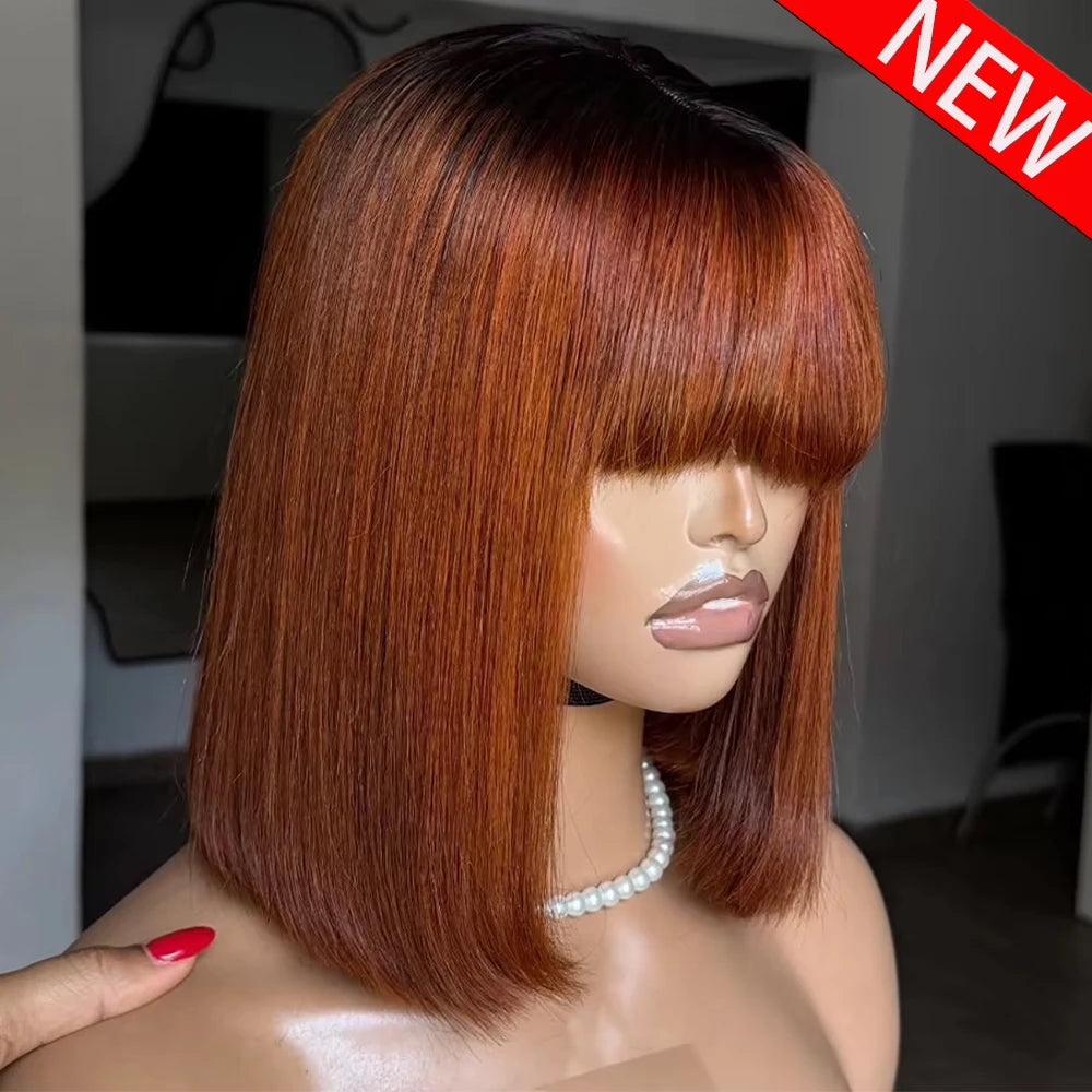 100% Human Hair 350 Density 13x4 HD Transparent Lace Wig #350 Color Bone Straight Short Bob With Bangs Wig For Women Pre Plucked